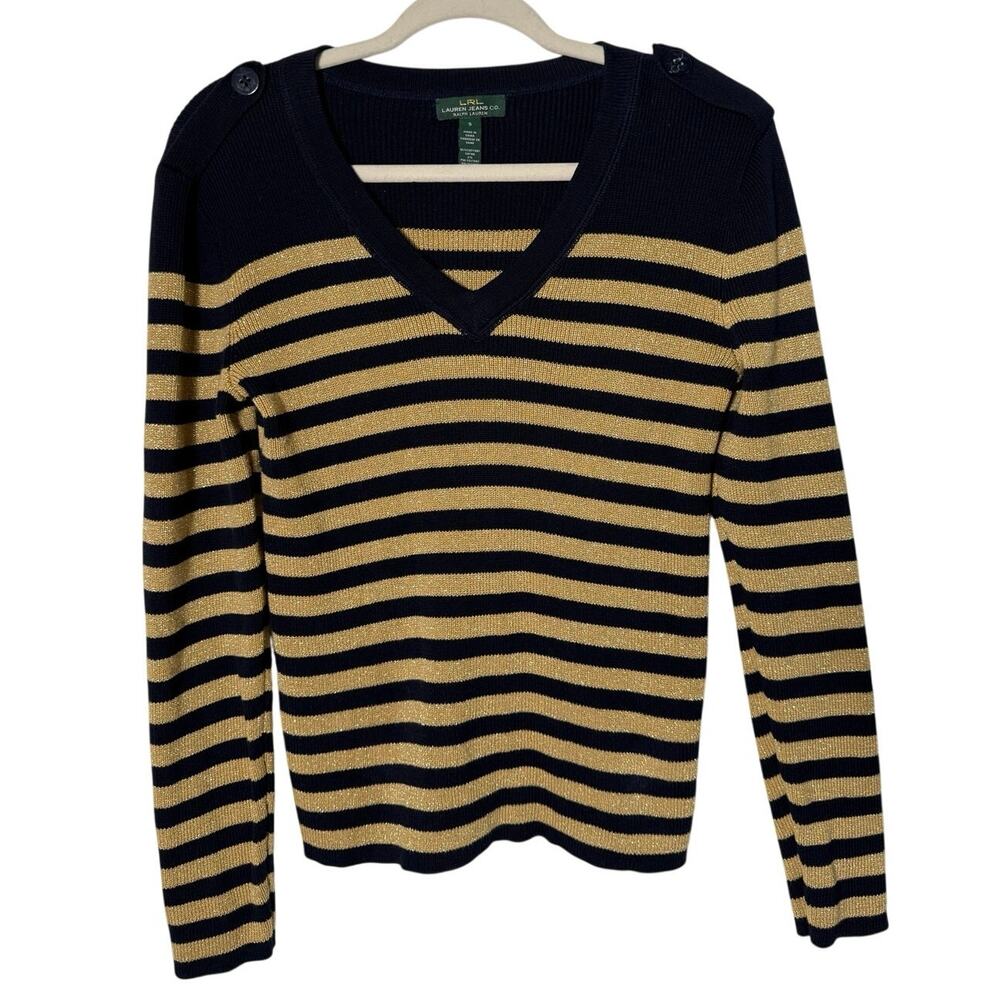 LRL Ralph Lauren S Navy Gold Metallic Stripe Anchor Button V Neck Y2K Sweater
